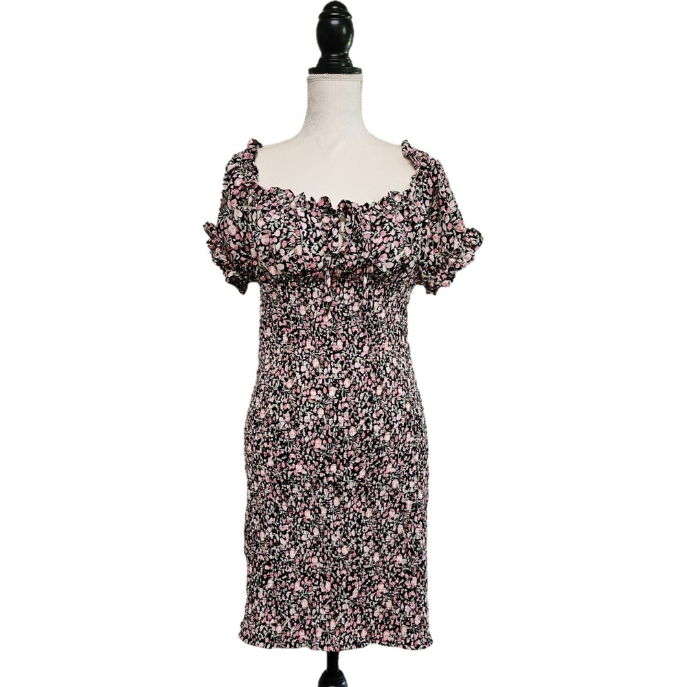 Haute Monde Milkmaid Smocked Babydoll Ditsy Floral Mini Dress Size XL Coquette